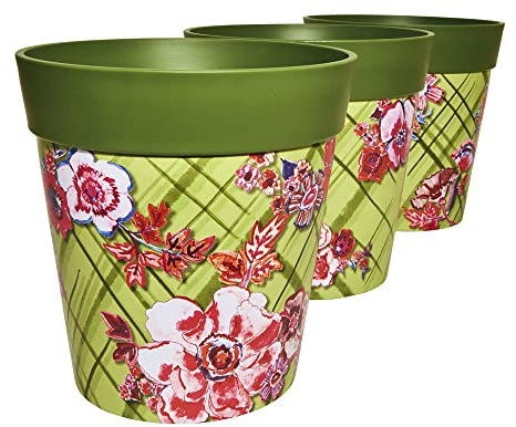 Hum Flowerpots, 22cm Set of 3, Various Patterns Colours and Sizes, Indoor/Outdoor Plastic Plant Pots, Floral Trellis green