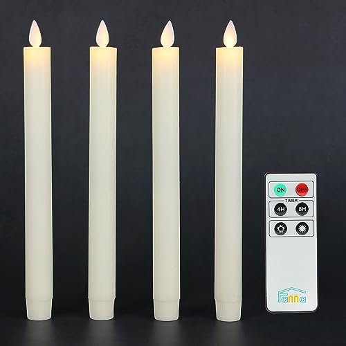Fanna LED Taper Candles with Moving Flame, Real Wax Finished Flickering Battery Operated Candles, Remote Control & Batteries Included - Set of 4