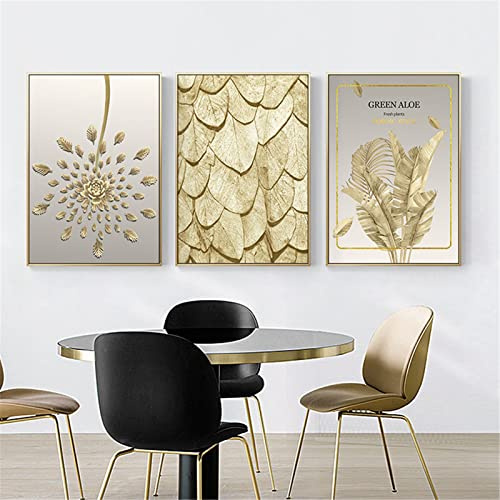 SWECOMZE Golde Blätter -Poster Set, 3er Bilder Set ohne Rahmen Stilvolle Wandbilder Posterset Wohnzimmer Deko Schlafzimmer (A,40 x 50 cm)