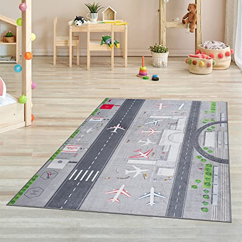 Pasha Home Kinder-Innenmatte aus Weichem Chenille-Stoff – rutschfest und Fleckenbeständig – Spielmatte mit Flughafenmuster, 160x230 cm