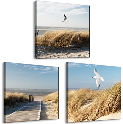 decomonkey Bilder Set Strand 90x30 cm 3 Teilig Wandbild Groß Leinwandbild XXL Deko Wohnzimmer Schlafzimmer Büro Wanddeko Leinwand Pictures For Wall Poster Painting Meer Sand Möwen Vögel Gras Wellen