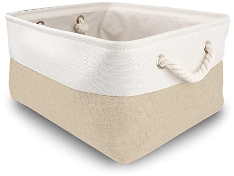 Mangata Canvas Storage Box, Foldable Fabric Storage Baskets with Handles for Cupboards, Wardrobe, Shelves, Clothes, Toys, Towel, Bathroom(38x28x24 cm, Khaki White)