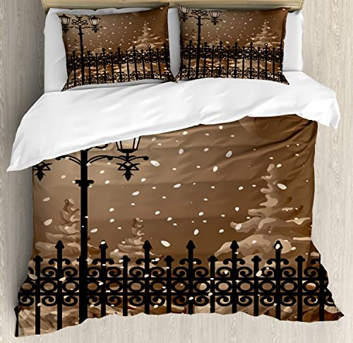 Ambesonne Evening Duvet Cover Sets, Frozen Scenery Iron Fences City Evening Snow Full Moon Graphic Sepia Colors, Bedding Set with 2 Duvet Covers 4 Pillowcases, 2 Pack Cal King Size, Pale Brown Black