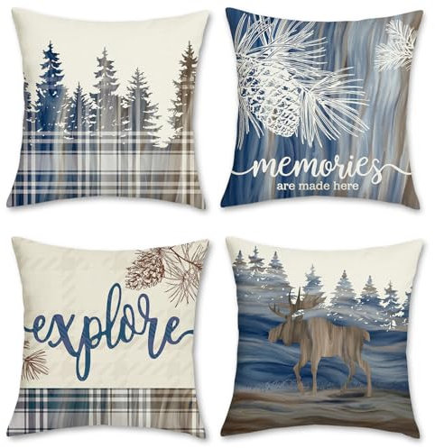 Bonhause 4er Set Kissenbezüge Winter Kiefer 45 x 45 cm Vintage Polyester Leinen Dekorative Kissenhülle Zierkissenbezüge für Sofa Schlafzimmer Wohnzimmer Zuhause Dekoration