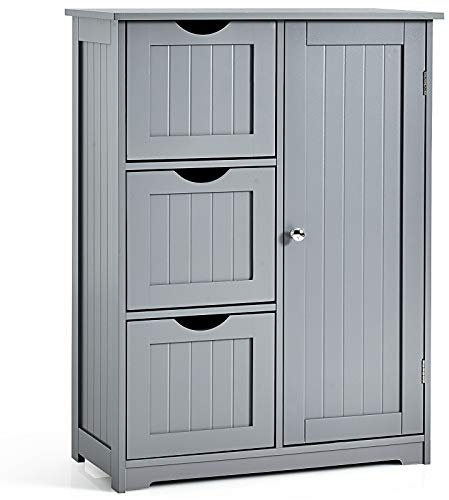 COSTWAY Bathroom Floor Cabinet, Wooden Free Standing Storage Cupboard with 3/4 Drawers, Adjustable Shelf and Door, Home Kitchen Living Room Hallway Organiser Unit (Grey, 3 Drawers)