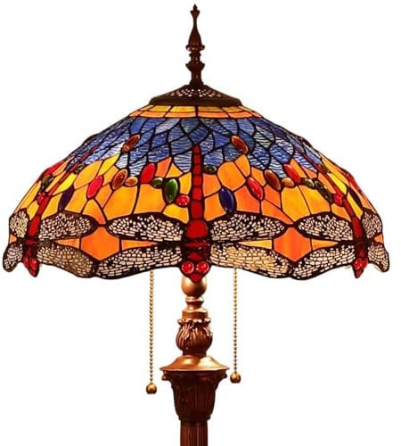Bieye L30703 Libelle-Stehlampe im Tiffany-Stil, Buntglas, mit 16 Zoll breitem, komplexem Design-Lampenschirm und Metallsockel, Orangeblau, 65 Zoll hoch
