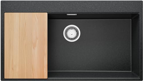 PRIMAGRAN Fregadero Cocina Grafito 88x50cm, Granito 1 Seno + Sifón + Tabla de cortar, Sobre encimera al mueble 90cm - Oslo