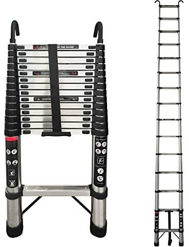 4,4M Teleskopleiter Edelstahl, Verlängerungsleiter mit 2 Haken, 150kg Max. Belastbarkeit, tragbare Heim-Dachbodenleiter mit rutschfesten Gummifüßen 93cm gefaltet, EN131