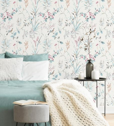 GAULAN 680952 - Vliestapete, Strapazierfähig, Abwaschbar. Tapete mit Zweigen, Blumen und Vögeln für Wohnzimmer Küche Bad Schlafzimmer Flur Esszimmer - Rolle 10 m x 0,53 m