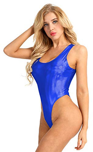 inlzdz Damen Metallic Body Wetlook Bodysuit Stringbody High Cut Thong Frauen Badeanzug Rückenfrei Sportbody Schwimmanzug Blau S