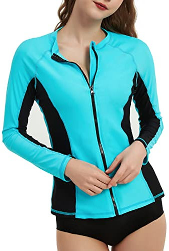 LilyCat Camiseta de protección solar UV para mujer, UPF 50+, manga larga, cremallera frontal, protección solar UV, traje de baño para mujer, Negro (Aqua Black), M