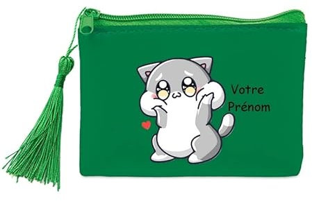 Porte Monnaie et cles Vert Chat Kawaii Personnalisable