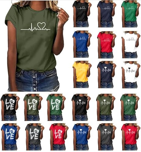 Tshirt Damen Lässige Elektrokardiogramm Druck Oberteile Herzschlagkurve Pullover T-Shirt Einfarbiges Basic Shirt Rundhals Kurzarm Sommer Tops Lockere All-Match Tunika Bluse Laufshirt Sportshirt
