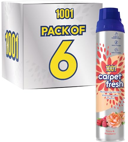 1001 • Carpet Fresh Peony & Raspberry • 6 x 300ml Cans | Carpet & Upholstery Freshener • Peony & Raspberry • Eliminates Odours • No Vacuum Needed • 6 x 300ml Cans
