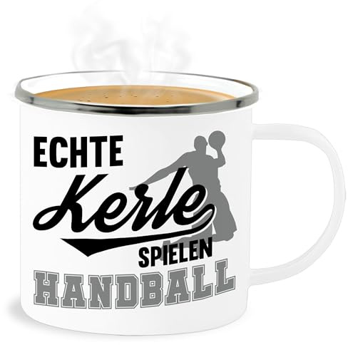 Emaille Becher Blechbecher - Deko Tasse Hobby Geschenk - Echte Kerle spielen Handball schwarz/grau - 300 ml - Weiß Silber