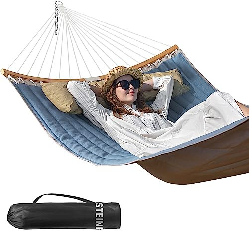 Bathonly Große Outdoor Hängematte für 2 Personen, 3m doppelhängematte, Gesteppte Stoffschaukel mit Faltbarer, gebogener Stange, abnehmbarem Kissen, Tragetasche, bis 204 kg belastbar, Jeansblau