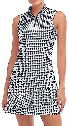 Viracy Tennis Clothing Dress for Women Sleeveless Golf Clothes Women Dresses with Shorts and Pockets Ruffle Zip Up Stand Collar Golf Outfits, H-Black Houndstooth, XS