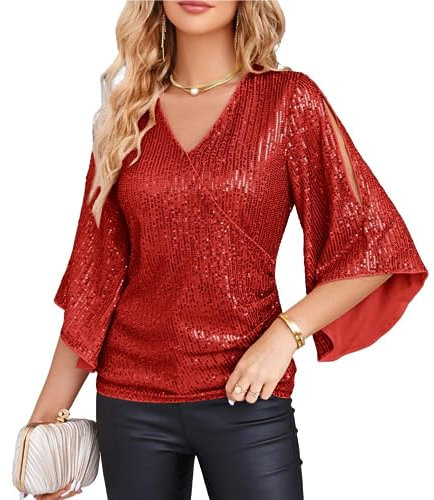 GRACE KARIN Damen Glitzer Top Lange Poncho-Ärmel Bluse Slim Fit V-Ausschnitt Tunika mit Schlitz Stylisch Sommershirt Rot-2 Pailletten XL