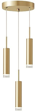 KCO Lighting - Lámpara colgante de 3 luces cilíndricas doradas para isla de cocina, latón cepillado, barra de tubo largo, iluminación colgante industrial, granja, ajustable, lámpara de techo colgante