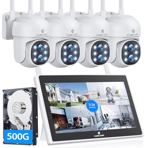 CAMCAMP Sistema di telecamere di sicurezza wireless per esterni con monitor LCD da 10,1 pollici, 4 telecamere di sicurezza PTZ a doppia lente 2K, zoom 10x, visione notturna a colori, monitoraggio