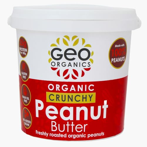 Geo Organics Crunchy Peanut Butter 1kg Tub (1pk) - Made with 100% Organic Roasted Peanuts -Natural, No Palm Oil, No Added Sugar, No Salt, Hi-Oleic Peanuts, High Protein, Gluten Free, Vegan, Dairy Free