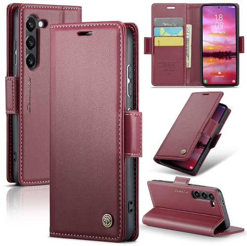 UFinetech für Samsung Galaxy S24 Hülle, Flip Case mit Schmetterlingsverschluss und Magnet, Ständer, Kartenfach und Geldbörse, RFID-Blockierung, Stoßfest, Schlank, Kratzschutz, Kamera-Schutz – Weinrot