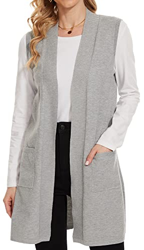 breezy lane Cardigan da donna senza maniche, a costine, aperto sul davanti, drappeggiato, gilet lungo maglione con tasche