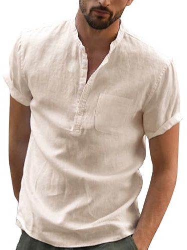 DUOLUVA Leinen Hemden Herren Kurzarm Stehkragen Sommer Shirt Männer Slim Fit Khaki M