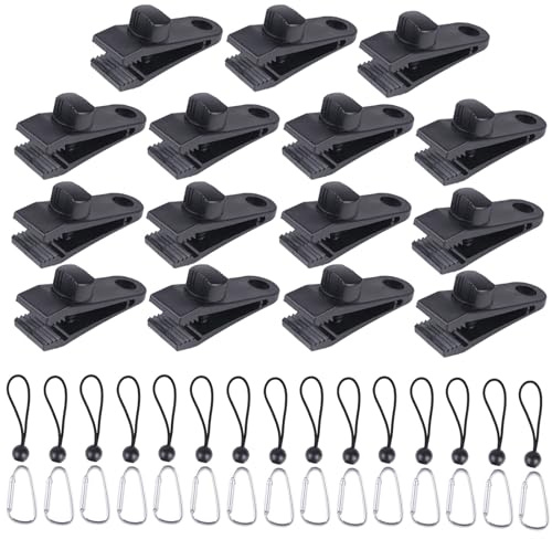 Mythosurge 15 Stück Planenclips + 15 Stück Spanngummis mit Kugeln 15 cm + 15 Bergsteigerschnallen, Zeltclip Planenclips, Zeltplane Clip Plane Befestigung für Zeltvorzelt Pavillon, Camping, Wohnwagen