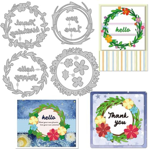 INFUNLY 4 Stück/Set Kranz-Stanzformen Frühlingsblume Metall-Stanzformen Olivenblatt Kreisrahmen Stanzformen Wort „Danke“ Stanzschablone Für Kartengestaltung DIY Scrapbooking Foto-Dekor