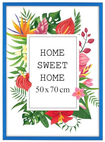 MG Design Bilderrahmen 50 x 70 cm - Farbe Blau, aus Holz, mit Acrylglas - zum vertikalen oder horizontalen Aufhängen/Aufstellen, für Fotos, Poster, Puzzles