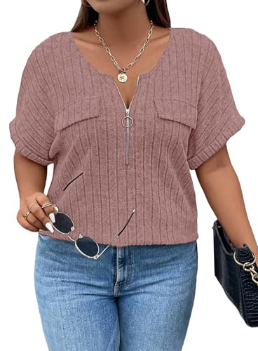 Gemulate Plus Size Clothing for Women Plus Size Short Sleeve Jumpers Casual Ladies Loose V Neck Lightweight Shirts Batwing Sleeves Tops Blouses - Light Pink, XXL