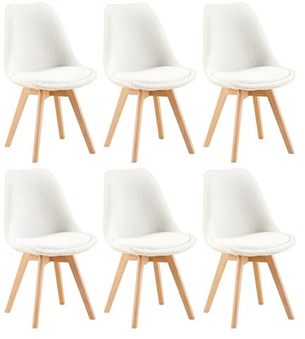 EGGREE Set de 6 Silla de Comedor Diseño Contemporáneo,Silla de Comedor de Vellón Bereber,Sillas de Cocina Nórdicas Certificadas por SGS con Asientos Acolchados y Pies de Haya de Madera Maciza,Blanco