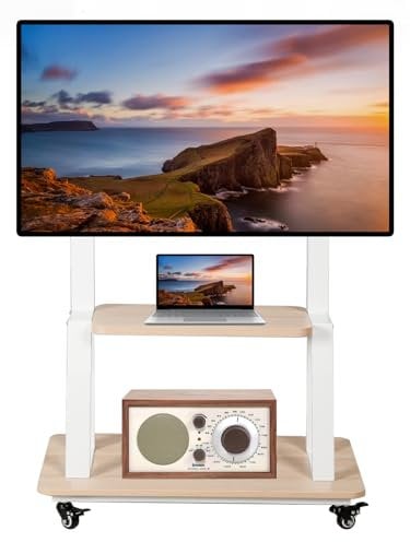 Mobile TV Stand on Wheels Rolling TV cart for 32-75 Inch Rolling TV Stand with Wheels Flat/Curved LED/LCD/OLED Height Adjustable Heavy-Duty TV Floor Stand with Wood Shelf Holds up to 100lbs White