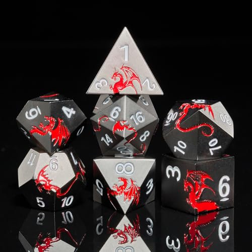 HNCCESG DND Würfelset aus Metall, Drache D&D Würfel 7 Stück für Dungeon und Dragons MTG RPG,Metallwürfel mit Drachen-Würfelbox (schwarz-roter Drache)