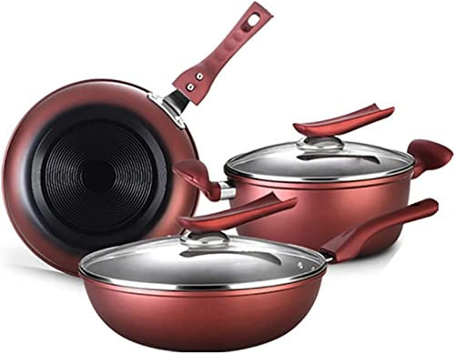 Juego de Utensilios de Cocina Sartén de Hierro Antiadherente Wok con Tapa Juego de ollas y sartenes ignífugas con Cubierta de Vidrio Pala de Madera Cocina