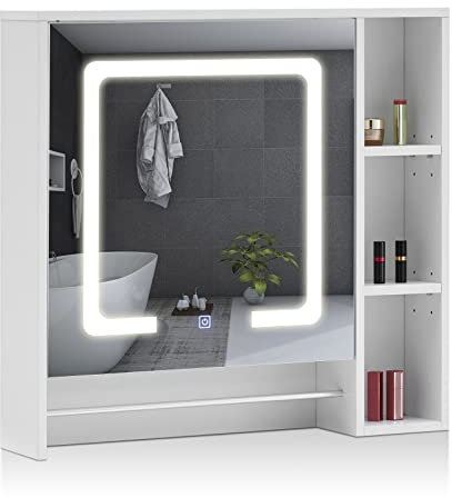 ZBAOLTO Badezimmer-Spiegelschrank mit 1 Tür, mit LED-Lichtern, Badezimmerschrank mit verstellbaren Einlegeböden, leicht erreichbarer Schrank für Duschraum,Wandmontage, 75 x 70 x 15 cm