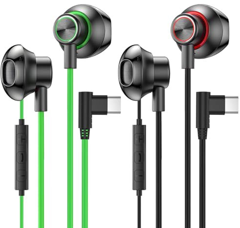 MUNSKT 2 Pack USB C Headphones with Microphone Volume Control Wired Headphones for Samsung Galaxy S24, iPhone 16 15 button to adjust the headphone volume (Green & Red)