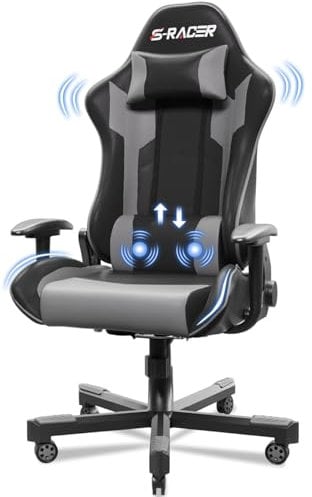 JUMMICO Massage Gaming Stuhl, Bürostuhl Ergonomisch mit Lendenwirbelstütze, Computerstühle Racing Bürostühle Gaming Sessel,Schreibtischstuhl 150kg Belastbarkeit, DunkelGrau
