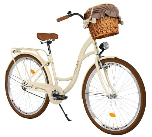 Damenfahrrad Citybike Komfort Mit Weidenkorb Vintage Fahrrad, 26, 28 Zoll, 1-Gang (Braun-Creme, 28 Zoll)