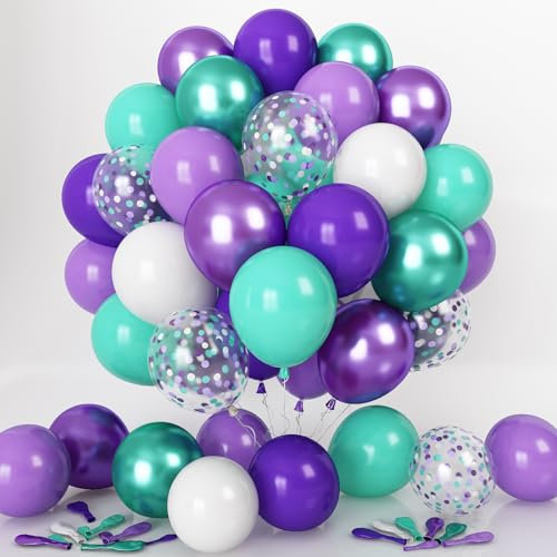 Luftballons Lila Grün, 55 Stück Metallic Lila Grün Matt Blaugrün Türkis Violett Weiß Konfetti Latexballon Helium Ballons für Mädchen Meerjungfrau Geburtstag Party Babyparty Hochzeit Dekoration