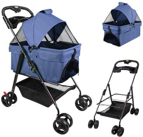 OHMG Poussette buggy pliable animaux chariot pliante chien chat porte-gobelet panier de rangement inclus roues avec frein tissu 600D Oxford acier,avec nacelle amovible caisse de transport pliable