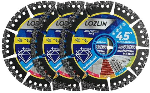 LOZLIN Diamond Blades for Angle Grinder, 4.5 Metal Cutting Blades, 3 Pack | Multi-Purpose Cutting: Diamond saw blades cut marble, quartz, granite, stone, tile, metal and plastic for versatile use.