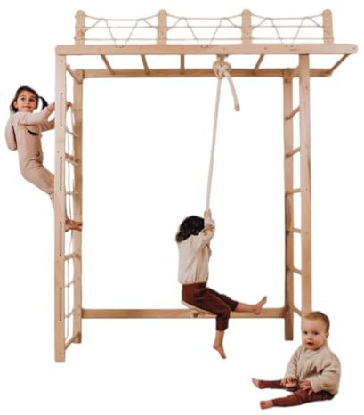 WoodandHearts Schwedische Leiter, Klettergerüst Indoor, Indoor Kletterwand Kinder, Turngeräte in Weiß + natürliche Holzfarbe (Seil mit rundem Sitz Naturholz)