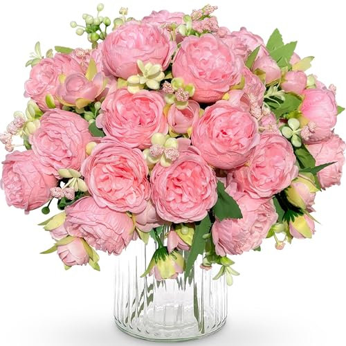 YianHien 4 Bündel Pfingstrosen Künstliche Blumen, Seide Gefälschte Pfingstrose, Rosa Künstlicher Pfingstrosen Blumenstrauß für Hochzeit Zuhause Küche Fensterdekoration Mädchenzimmer Dekor Brautstrauß