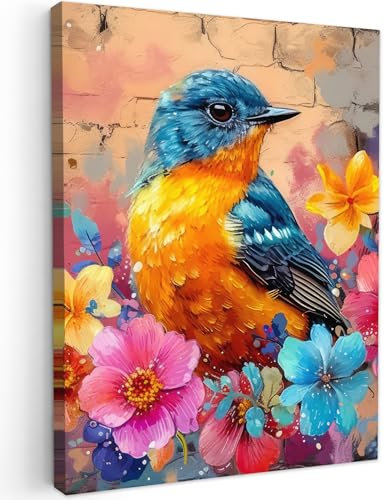 MuchoWow© Bild auf Leinwand 50x70 cm Schlafzimmer Bilder Badezimmer Wand Deko Wohnzimmer Modern Wanddeko Bilderwand Geschenk Graffiti - Vogel - Blumen - Straßenkunst