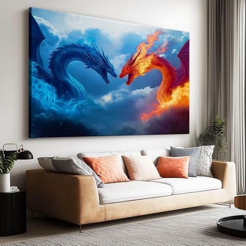 Leinwand Bilder Wandbilder Wohnzimmer, Badezimmer Bilder 120x60 cm Fantasie Anime Blauer Drache Feuerdrache Vlies Leinwand Gemälde Wandgemälde Zimmer Deko auf Wand Dekoration Geschenk Wall Art