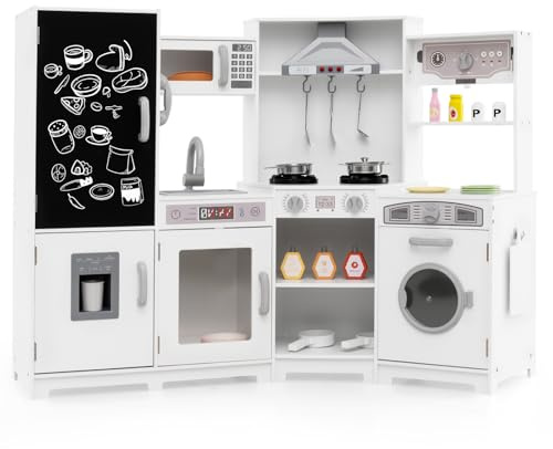 HONEY JOY Corner Play Kitchen, Large Wooden Pretend Toy Kitchen Set w/Lights, Ice & Coffee Maker, Range Hood, Chalkboard, Microwave, Cookware, Little Chef Kids Kitchen Playset for Toddlers (White)