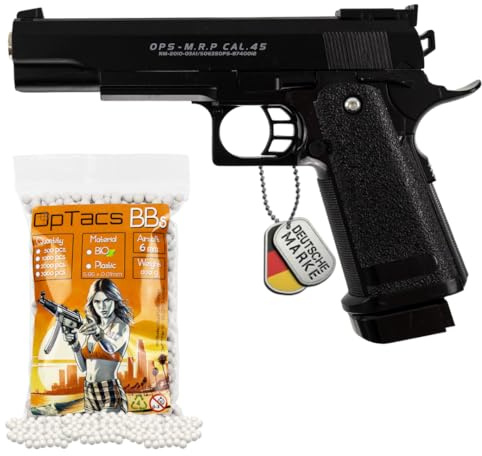Softair Pistole Set C6 6mm Federdruck Vollmetall Airsoft ab 14 Jahren unter 0,5 Joule mit Magazin und 500 OpTacs BBS realistische Zweitwaffe Einsteiger Trainingspistole