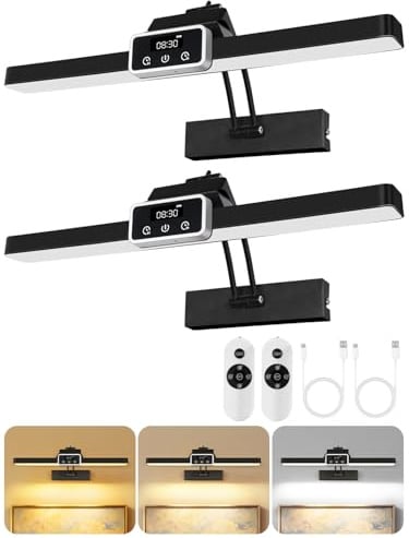 OUTON 2 Stück Bilderleuchte Kabellos mit Akku-Digitalanzeige, Wiederaufladbar mit Fernbedienung+Touch, LED Bildbeleuchtung, 3-Farb Dimmbar Timer, 4000mAh USB-C, Wandlampe – Schwarz